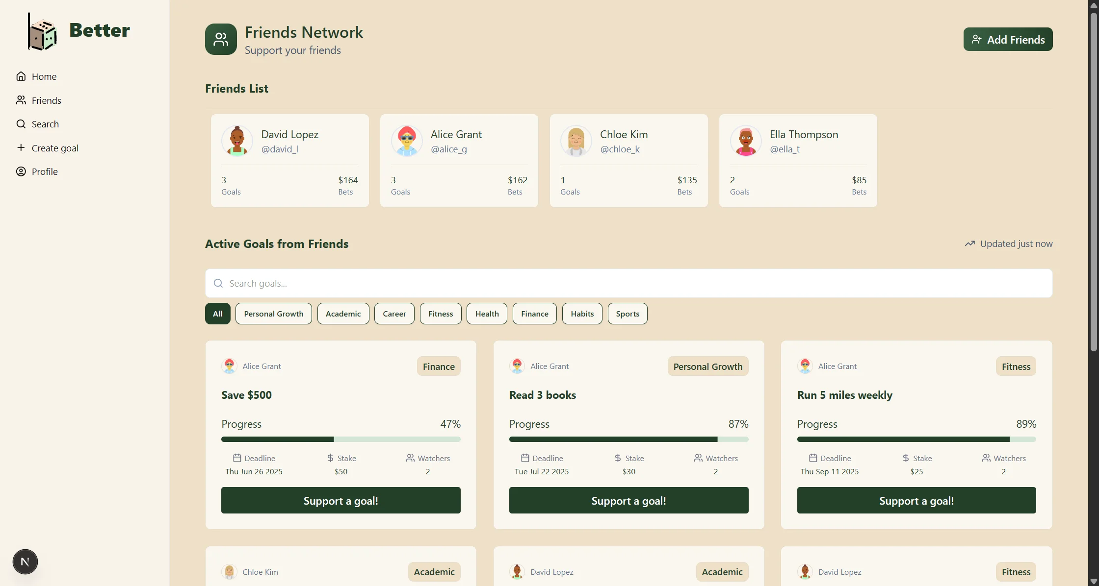 Friends page showing list of friends and their in progress goals