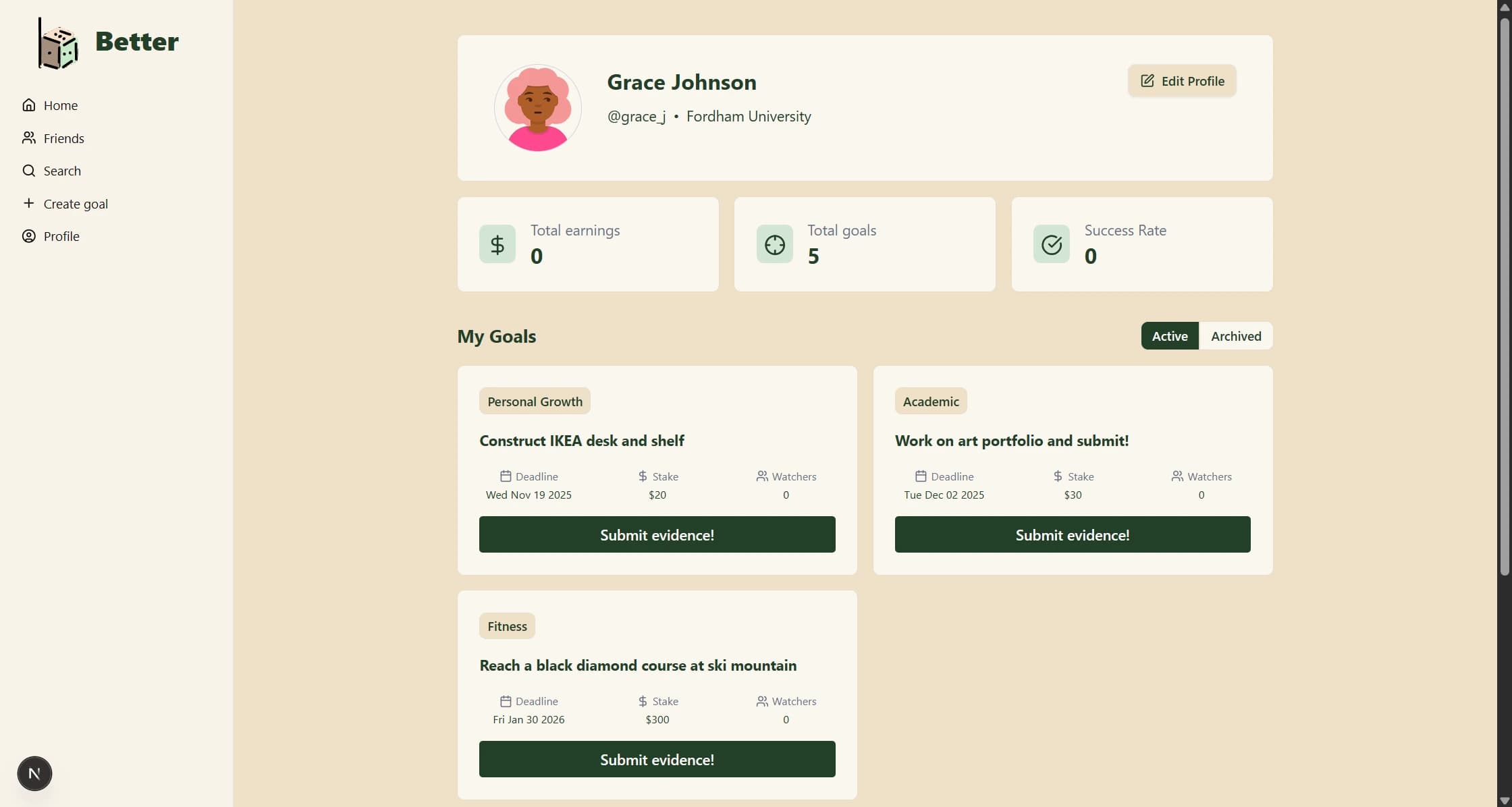 Profile page showing user's stats, current goals, and past goals