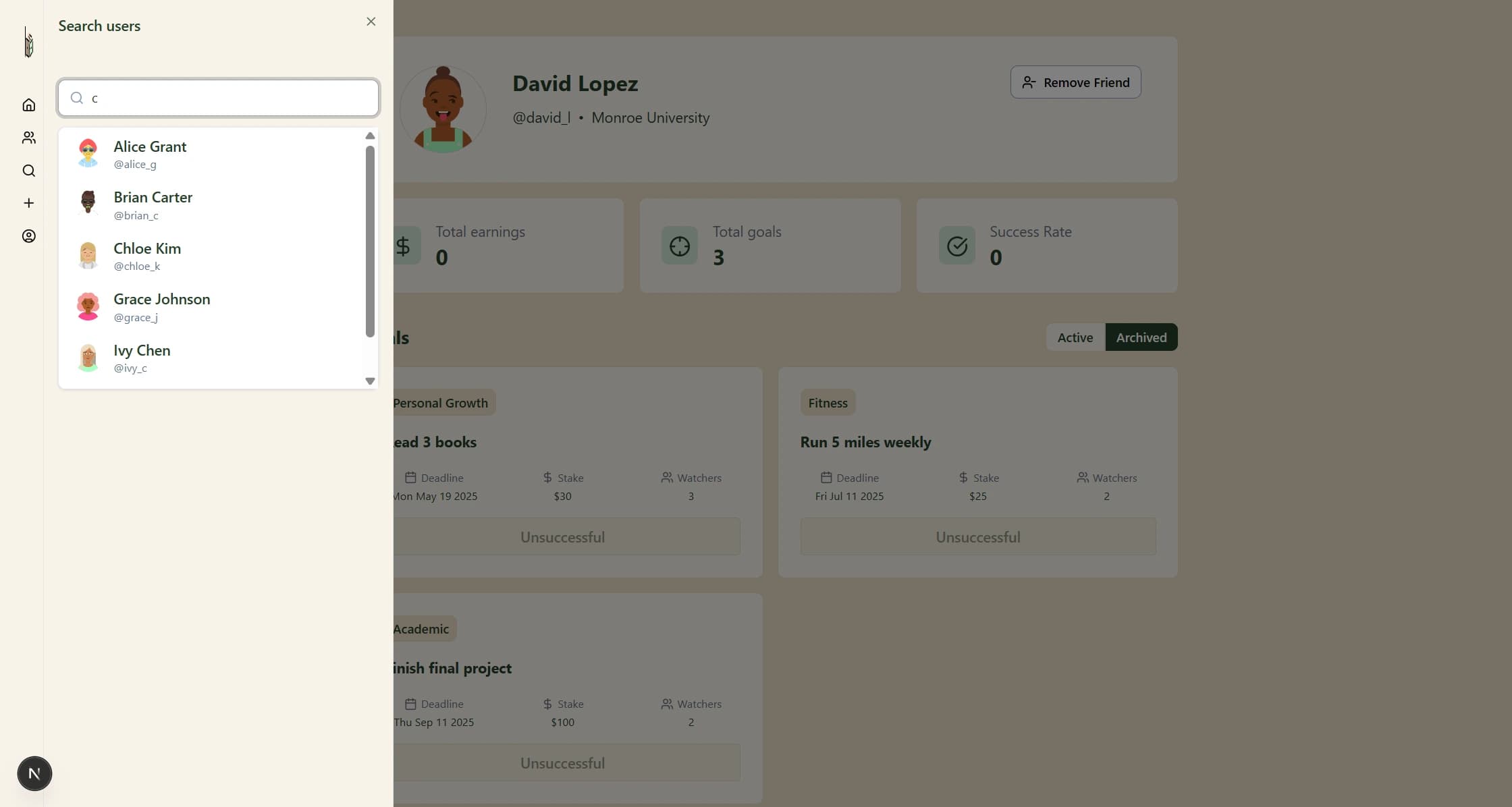 Search sidebar for friends to add to your network