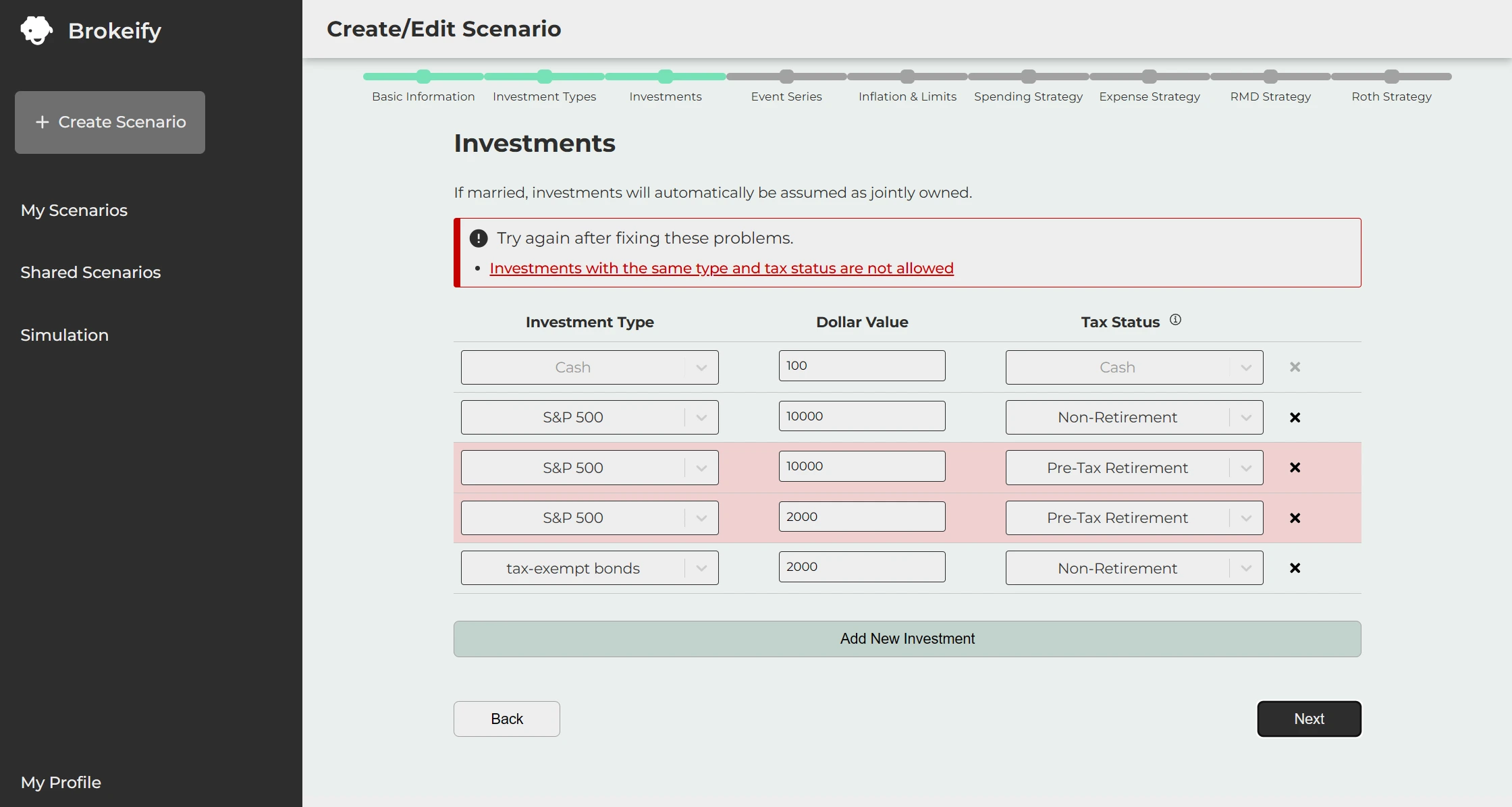 Create scenario form with accessible error messages