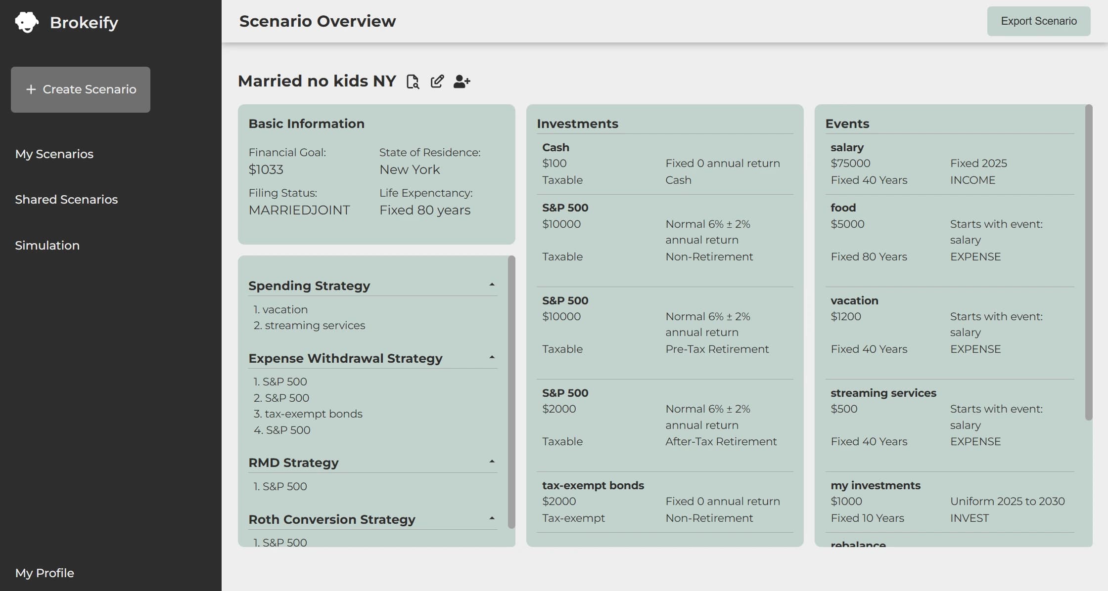 Scenario overview with investments, events, strategies, etc.