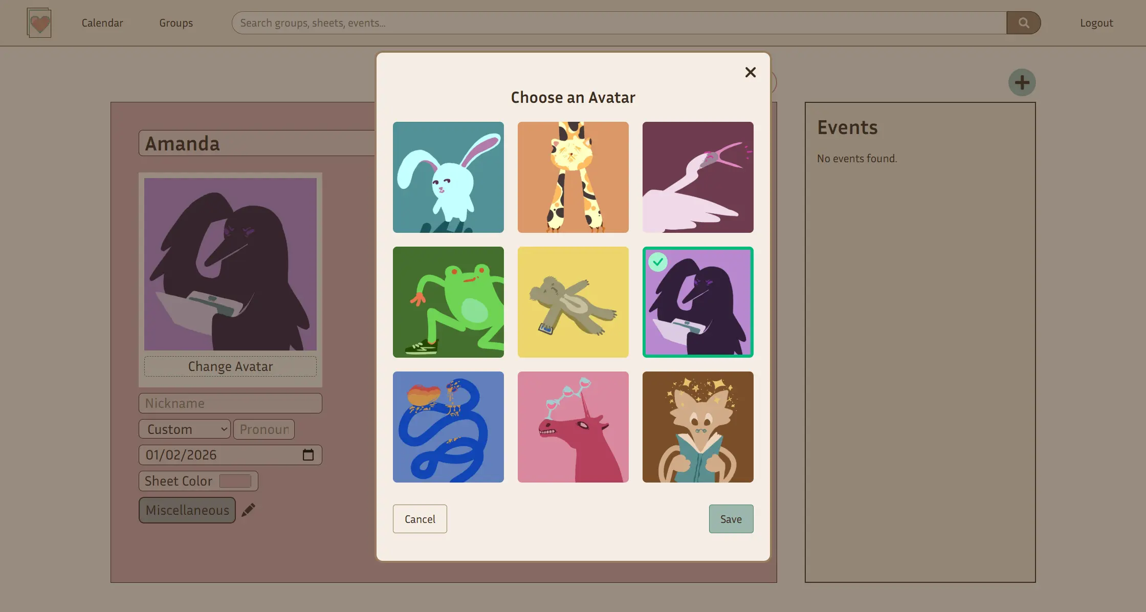 Sheet creation view with avatar selection