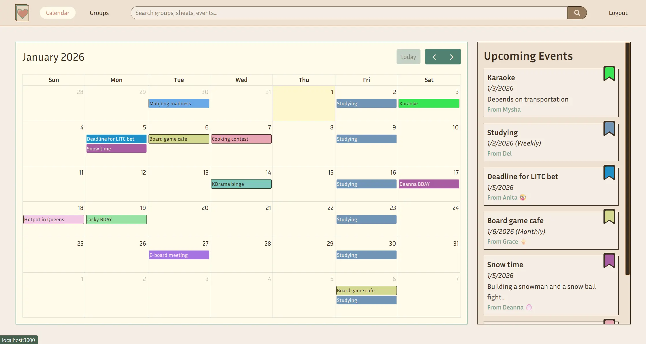 Calendar view with upcoming events emphasized