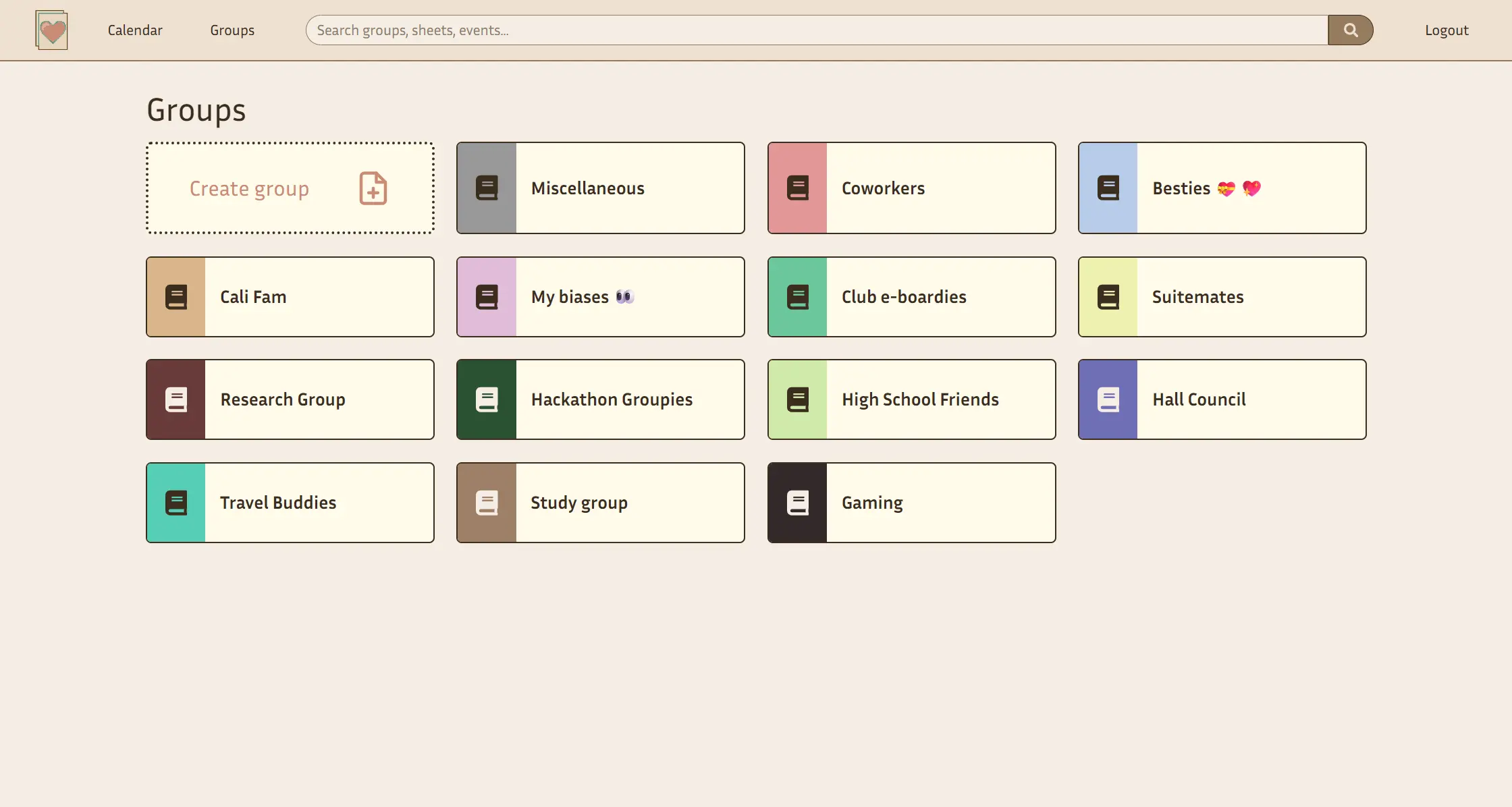 Various groups such as Coworkers, Besties, etc.