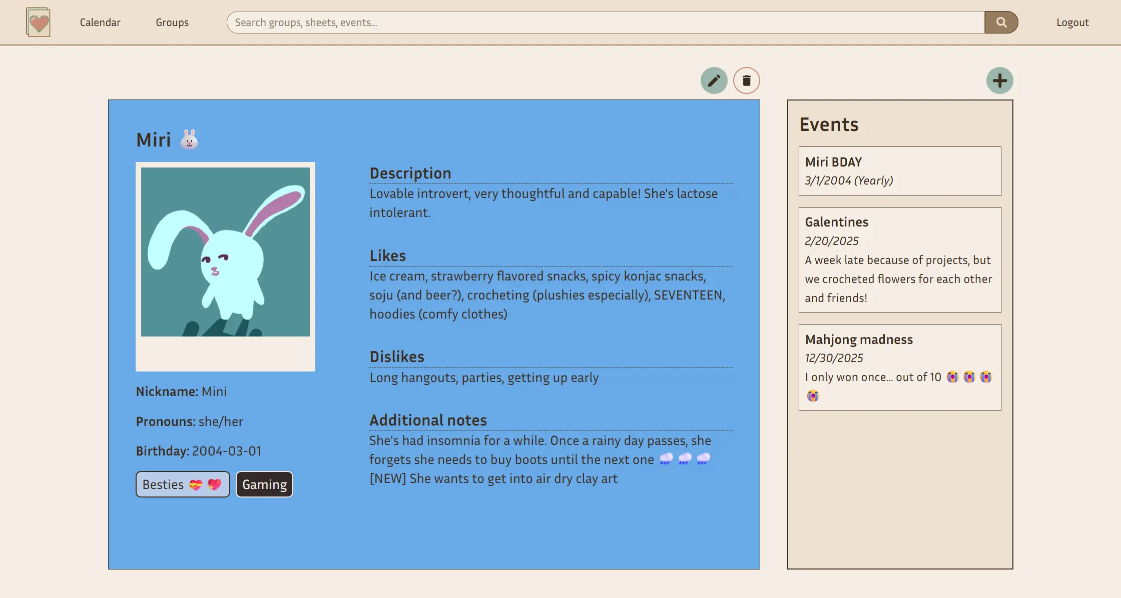 Example of an individual sheet filled out with details and events