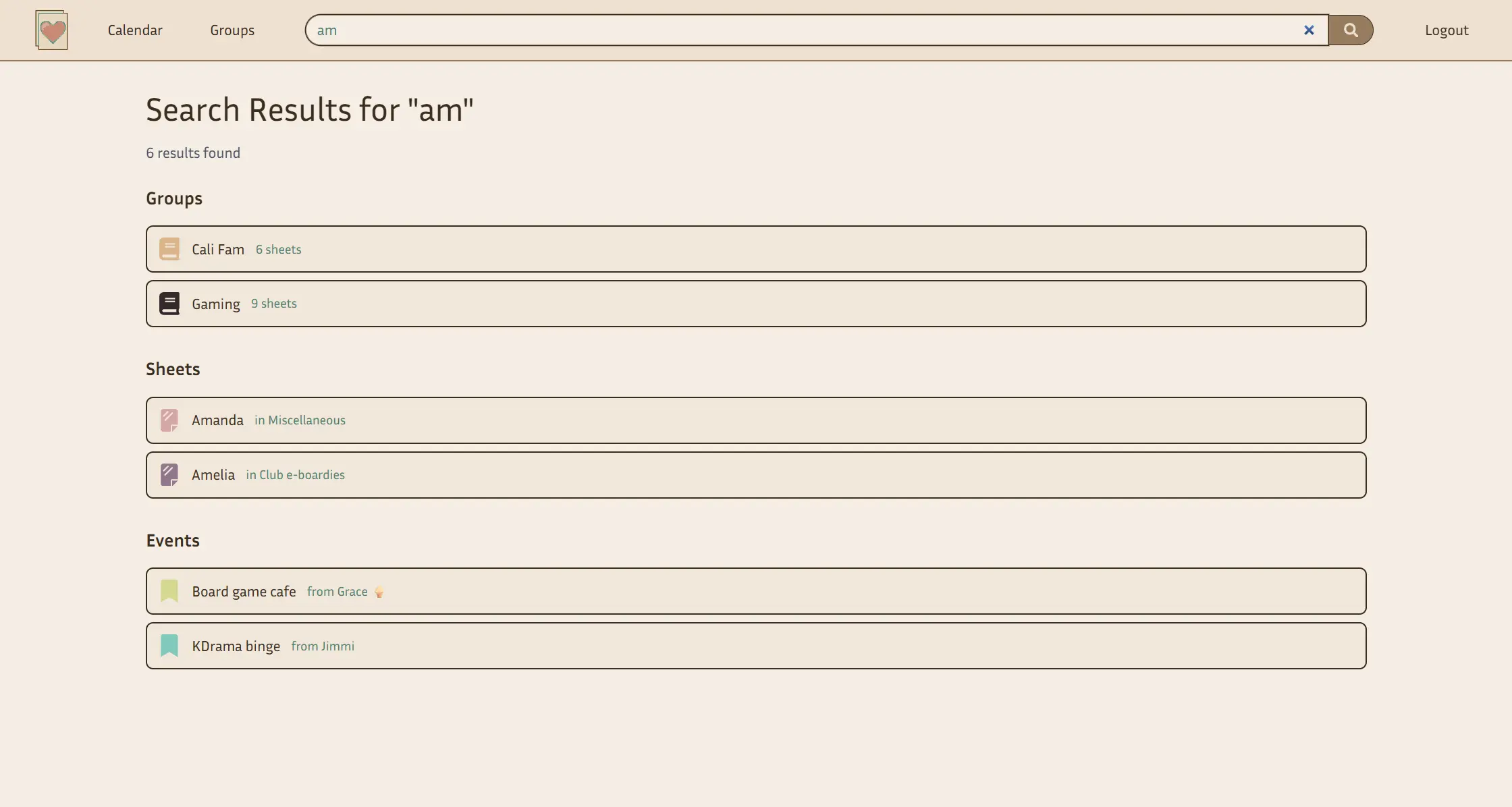 Search results including groups, sheets, and events